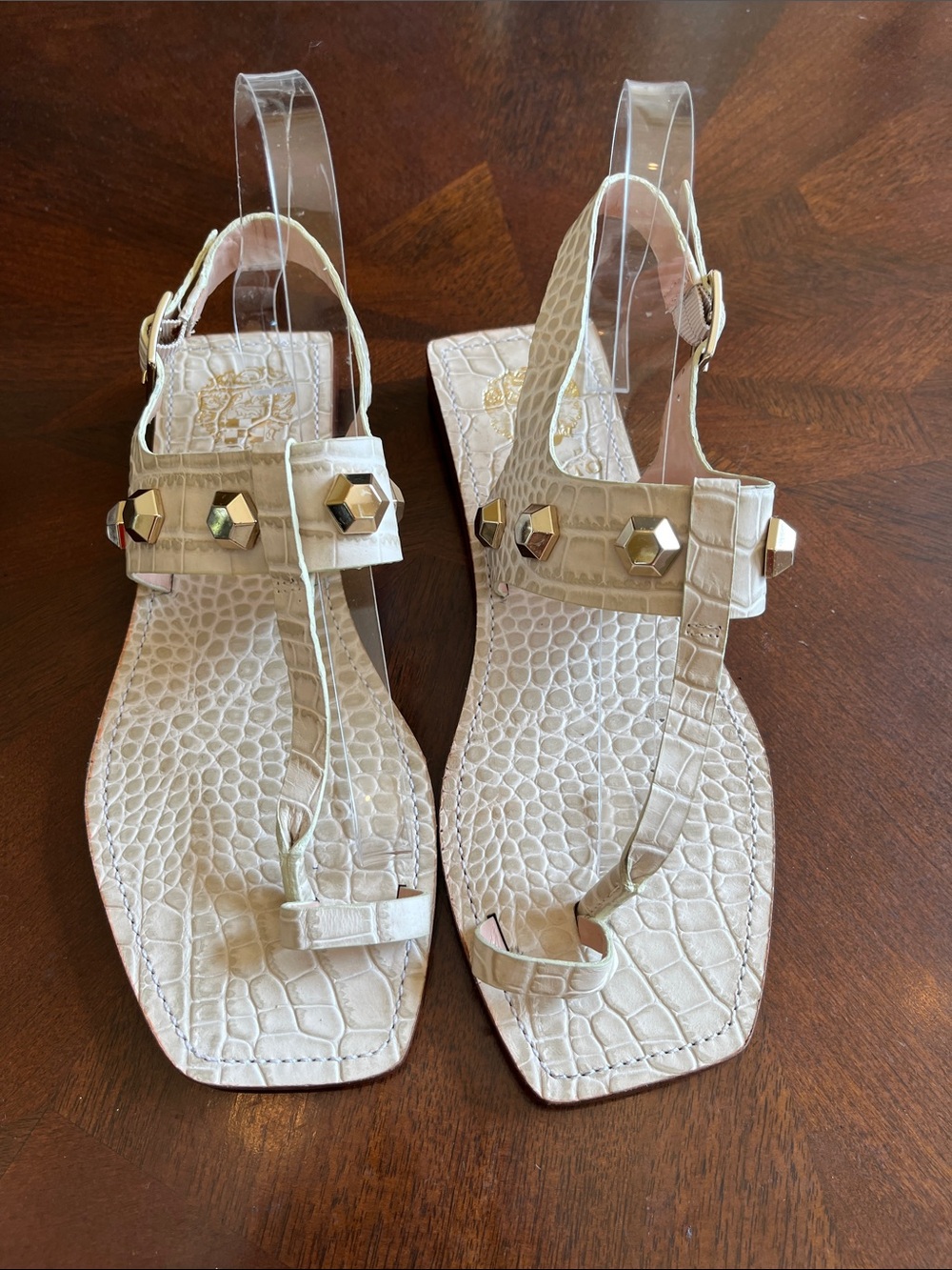 Women's Ivory Croc-Embossed T-Strap Sandals with Gold Studs, Vince Camuto